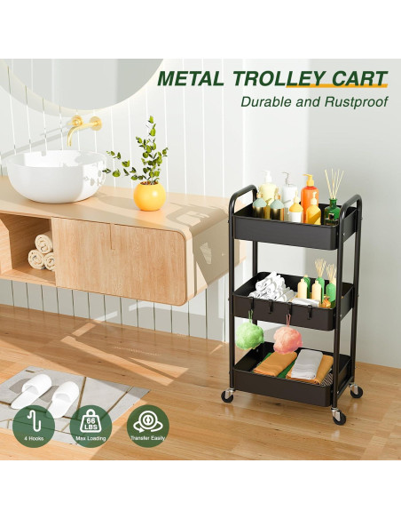 Carro de Utilidad Rodante LEHOM 3 Niveles Metal Negro