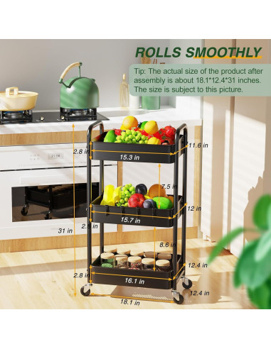 Carro de Utilidad Rodante LEHOM 3 Niveles Metal Negro