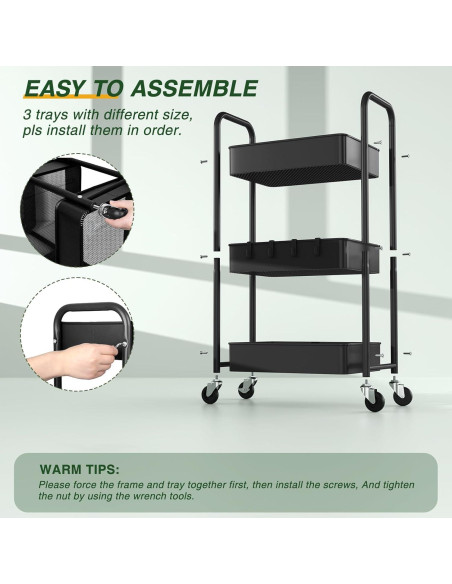 Carro de Utilidad Rodante LEHOM 3 Niveles Metal Negro