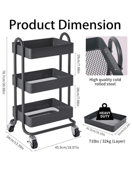 Carro de Almacenamiento Rodante 3 Niveles Elitehouse Gris