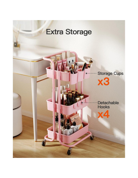 Carro Rodante de 3 Niveles Pipishell Rosa con Ruedas