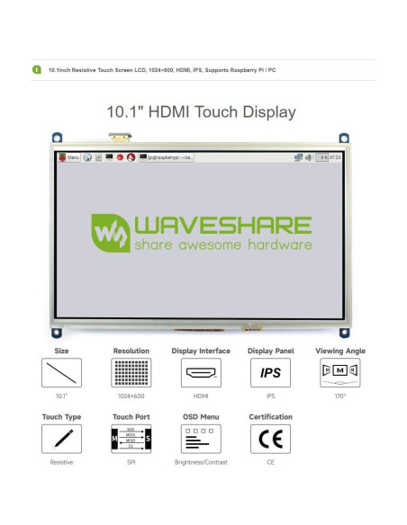 Pantalla LCD táctil 10.1" Waveshare 1024x600 HDMI Raspberry Pi Pantalla LCD táctil 10.1" Waveshare 1024x600 HDMI Raspberry Pi