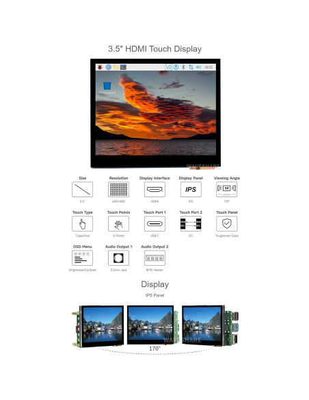 Pantalla LCD Táctil 3.5" Waveshare HDMI 640x480 para Raspberry Pi Pantalla LCD Táctil 3.5" Waveshare HDMI 640x480 para Raspberry Pi