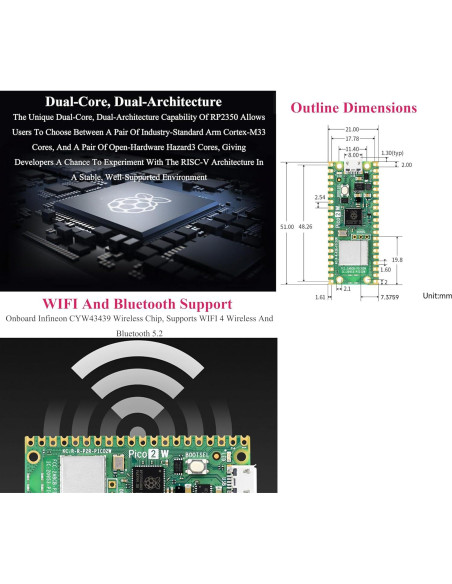 2PCS Placa Microcontrolador UeeKKoo RPi Pico 2 W WiFi Bluetooth