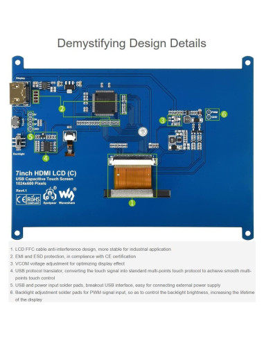 Pantalla Táctil Capacitiva 7" Waveshare HDMI 1024x600