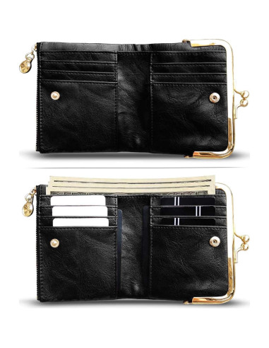 Billetera Bifold Pequeña AOXONEL para Mujeres RFID Cuero Negro