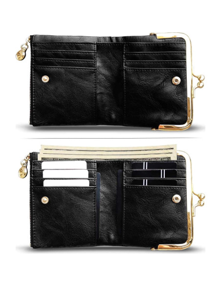 Billetera Bifold Pequeña AOXONEL para Mujeres RFID Cuero Negro