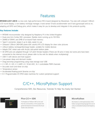 Placa MCU Waveshare RP2040-LCD-1.28 con Acelerómetro y Giroscopio