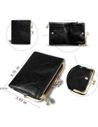 Billetera Bifold Pequeña AOXONEL para Mujeres RFID Cuero Negro