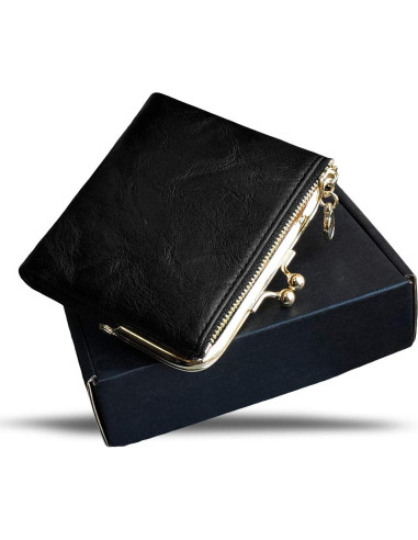 Billetera Bifold Pequeña AOXONEL para Mujeres RFID Cuero Negro