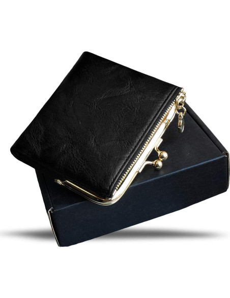 Billetera Bifold Pequeña AOXONEL para Mujeres RFID Cuero Negro