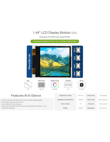 Módulo LCD 1.44" Waveshare para Raspberry Pi Pico 128x128 RGB