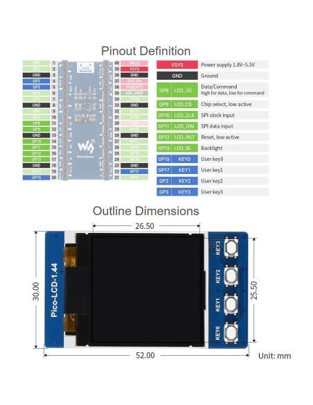 Módulo LCD 1.44" Waveshare para Raspberry Pi Pico 128x128 RGB Módulo LCD 1.44" Waveshare para Raspberry Pi Pico 128x128 RGB