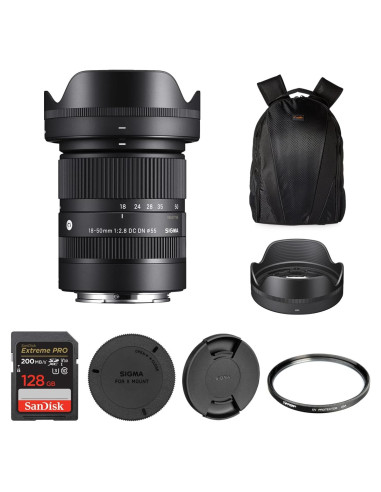Lente Sigma 18-50mm F2.8 DC DN para Fujifilm X + Filtro UV 55mm + Tarjeta 128GB + Mochila