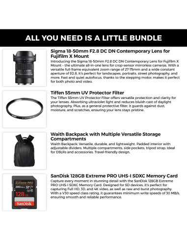 Lente Sigma 18-50mm F2.8 DC DN para Fujifilm X + Filtro UV 55mm + Tarjeta 128GB + Mochila