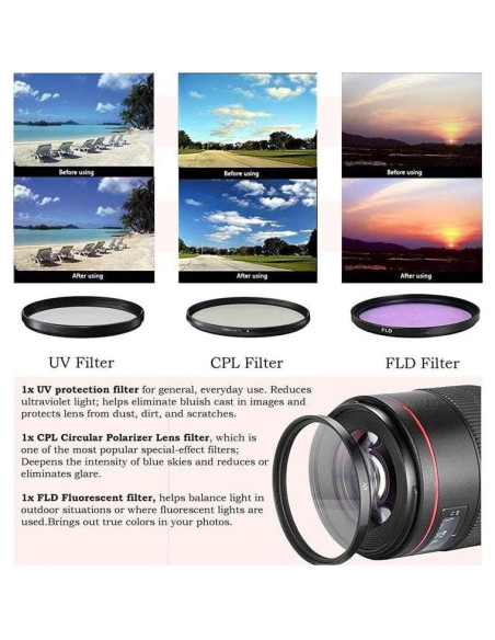 Kit de Filtros de Lente 52mm Optura HD UV CPL FLD para Zeiss
