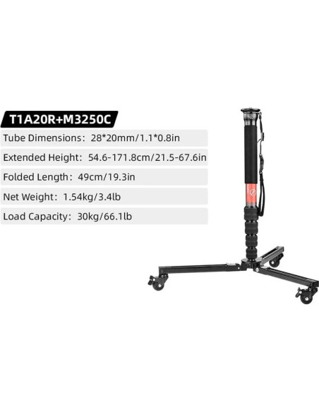 Dolly y Monopod Sunwayfoto T1A20R + M3250C, Aluminio 50kg Dolly y Monopod Sunwayfoto T1A20R + M3250C, Aluminio 50kg