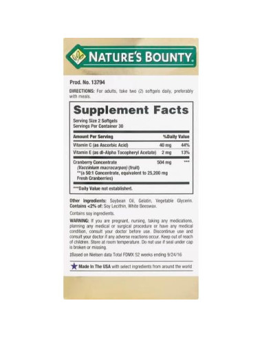 Suplemento Dietético Arándano Nature's Bounty 60 Cápsulas
