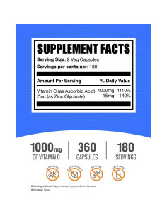 Cápsulas de Vitamina C 1000mg con Zinc 15mg BulkSupplements - 360 Unidades 2