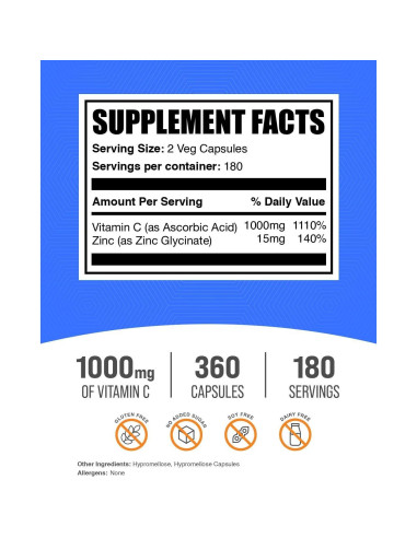 Cápsulas de Vitamina C 1000mg con Zinc 15mg BulkSupplements - 360 Unidades