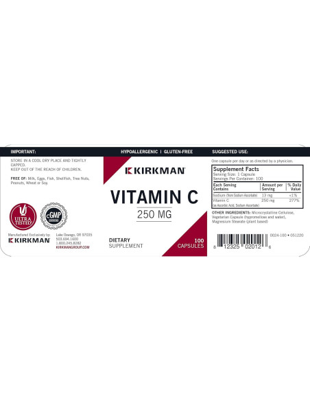 Vitamina C 250 mg Kirkman 100 cápsulas - Antioxidante