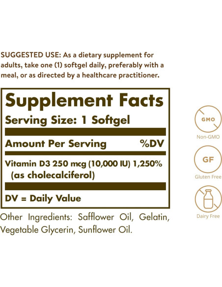 Vitamina D3 Solgar 250 MCG 120 Gelatinas Blandas - Inmunidad y Huesos