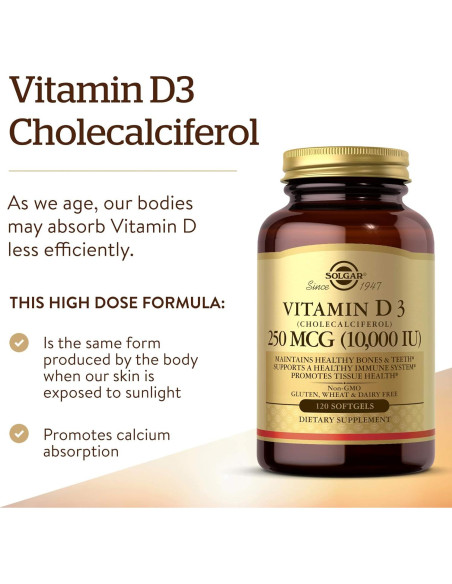 Vitamina D3 Solgar 250 MCG 120 Gelatinas Blandas - Inmunidad y Huesos