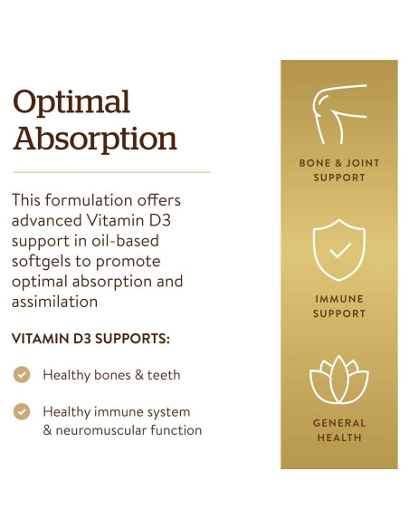 Vitamina D3 Solgar 250 MCG 120 Gelatinas Blandas - Inmunidad y Huesos