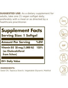 Vitamina D3 Vegana Solgar 25 mcg 120 Gelatinas Blandas 2