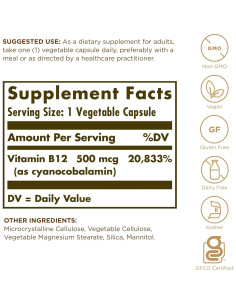 Vitamina B12 500 mcg Solgar - 100 Cápsulas Vegetales - Energía y Nervios 2