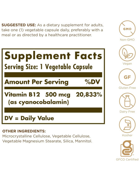 Vitamina B12 500 mcg Solgar - 100 Cápsulas Vegetales - Energía y Nervios