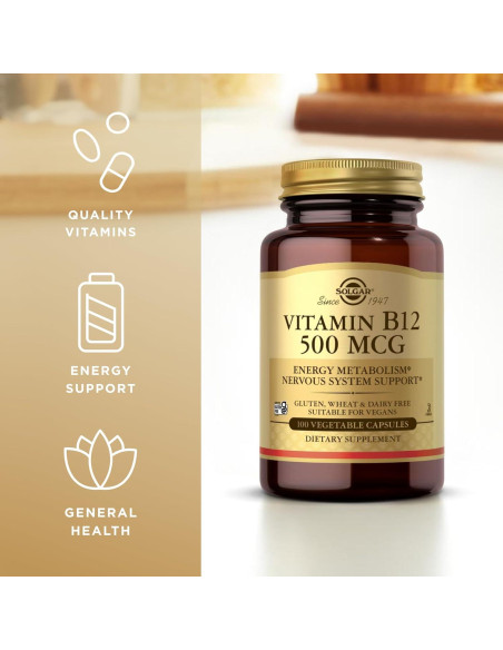 Vitamina B12 500 mcg Solgar - 100 Cápsulas Vegetales - Energía y Nervios