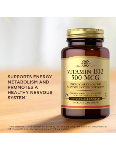 Vitamina B12 500 mcg Solgar - 100 Cápsulas Vegetales - Energía y Nervios