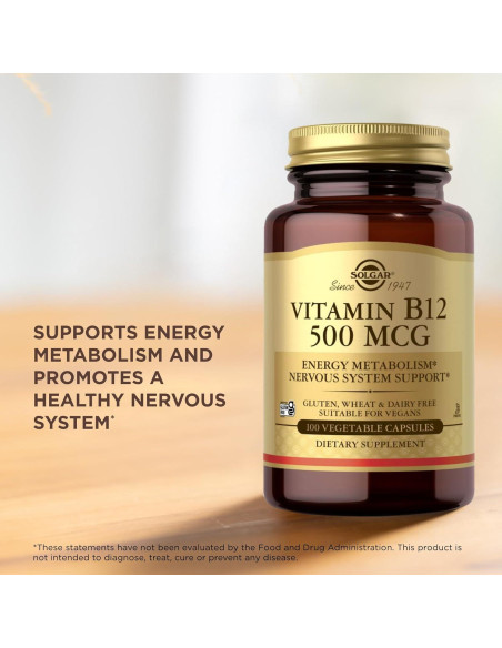 Vitamina B12 500 mcg Solgar - 100 Cápsulas Vegetales - Energía y Nervios