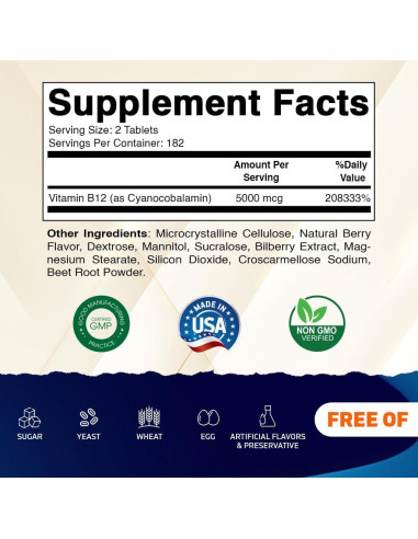 Vitamatic Vitamina B12 5000 mcg - 365 Tabletas Sabor Berry