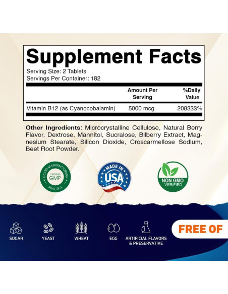 Vitamatic Vitamina B12 5000 mcg - 365 Tabletas Sabor Berry