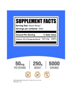 Polvo de Vitamina D3 BulkSupplements 5000 UI 250g Sin Gluten 2