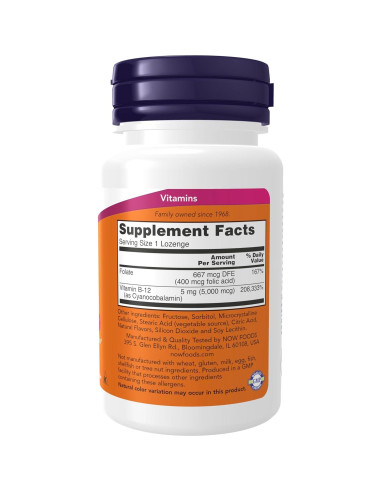 Vitamina B-12 5000 mcg NOW Foods con Ácido Fólico 60 Pastillas