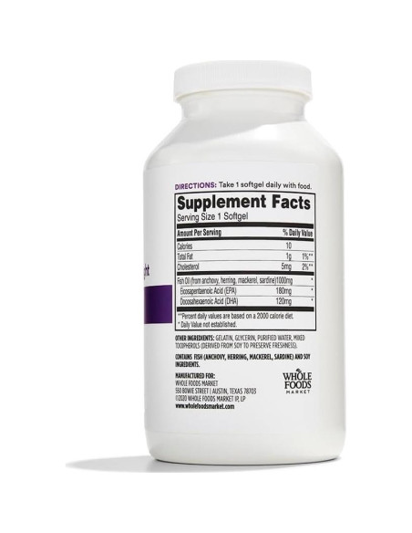 Aceite de Pescado 1000 Mg 365 Whole Foods 250 Cápsulas