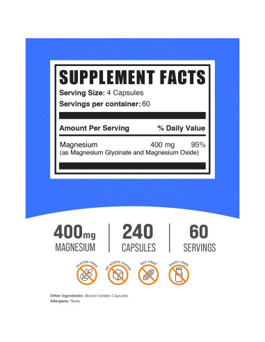 Cápsulas de Glicinato de Magnesio BulkSupplements 400mg - 240 Unidades
