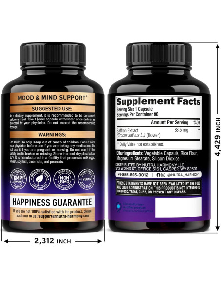 Suplemento de Azafrán Nutra Harmony 90 Cápsulas Veganas 88.5 mg
