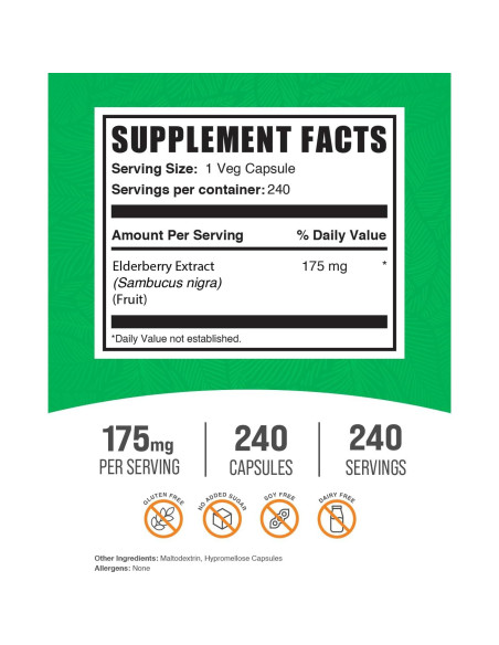 Cápsulas de Saúco BulkSupplements 240 Unidades Veganas