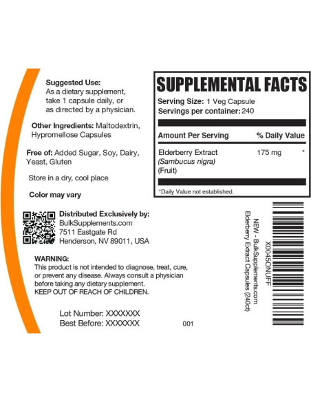 Cápsulas de Saúco BulkSupplements 240 Unidades Veganas