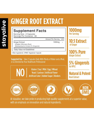 Cápsulas de Jengibre Puro STAY ALIVE 1000mg 120 Veganas