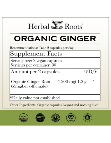 Suplemento de Jengibre Orgánico Herbal Roots | 1200 mg | 60 Cápsulas Veganas