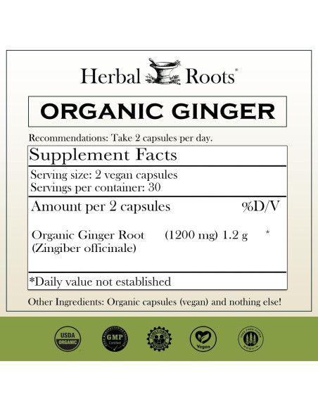Suplemento de Jengibre Orgánico Herbal Roots | 1200 mg | 60 Cápsulas Veganas