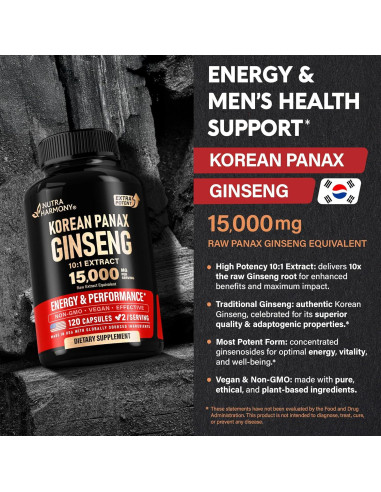 Suplemento de Ginseng Panax Coreano 15,000 mg - Nutra Harmony - 120 Cápsulas