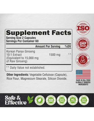 Suplemento de Ginseng Panax Coreano 15,000 mg - Nutra Harmony - 120 Cápsulas