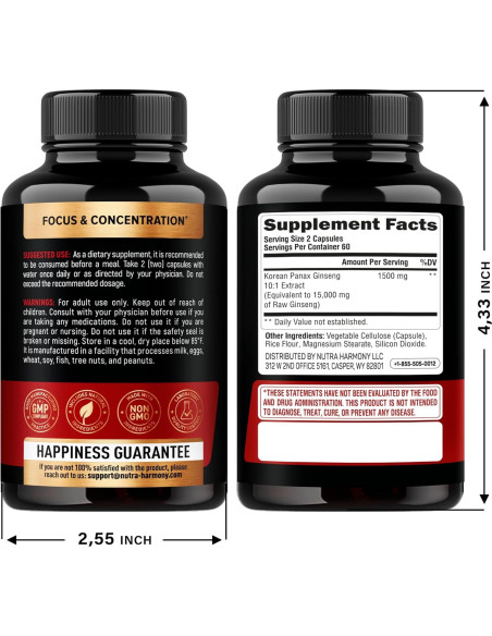 Suplemento de Ginseng Panax Coreano 15,000 mg - Nutra Harmony - 120 Cápsulas