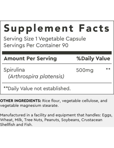 Cápsulas de Espirulina Pura Alaya Naturals 500 mg - 90 Unidades